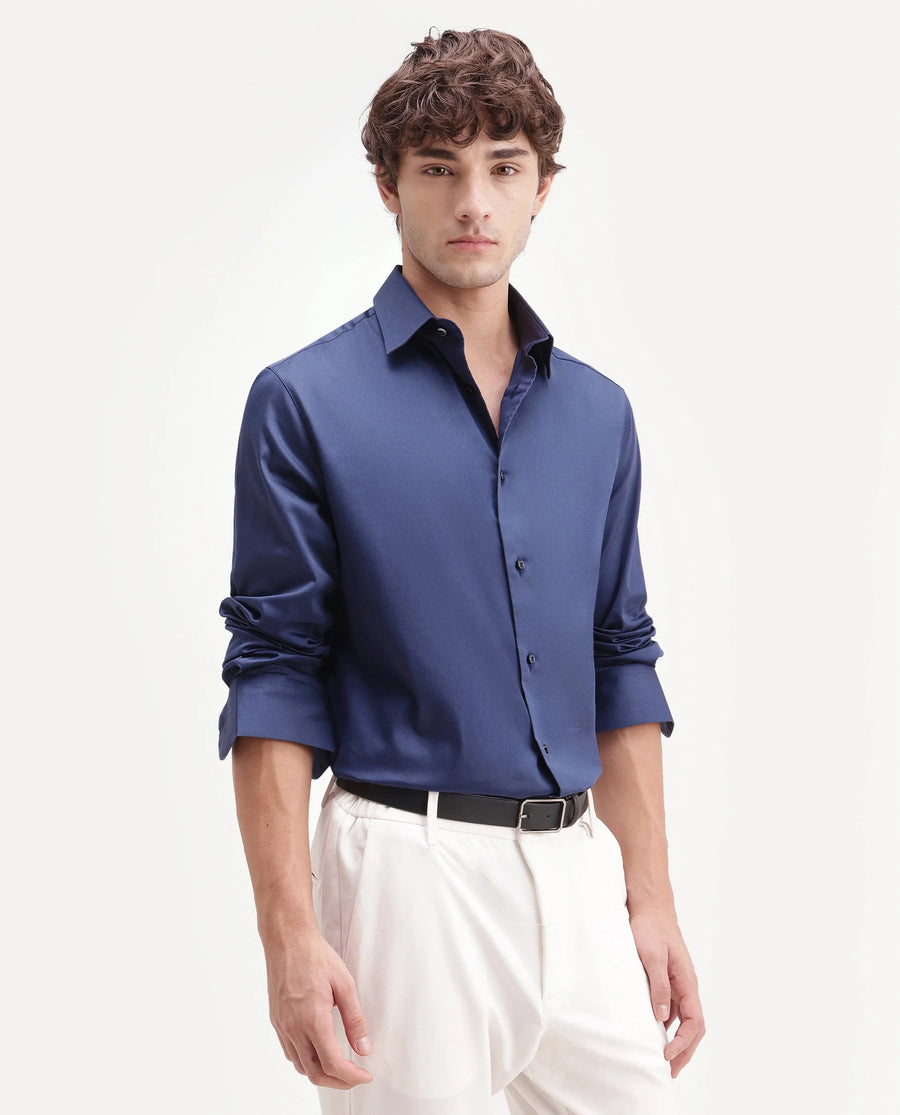 Rare Rabbit Men's Holla-Aw26 Navy Cotton Blend Spread Collar Regular Plain Shirt