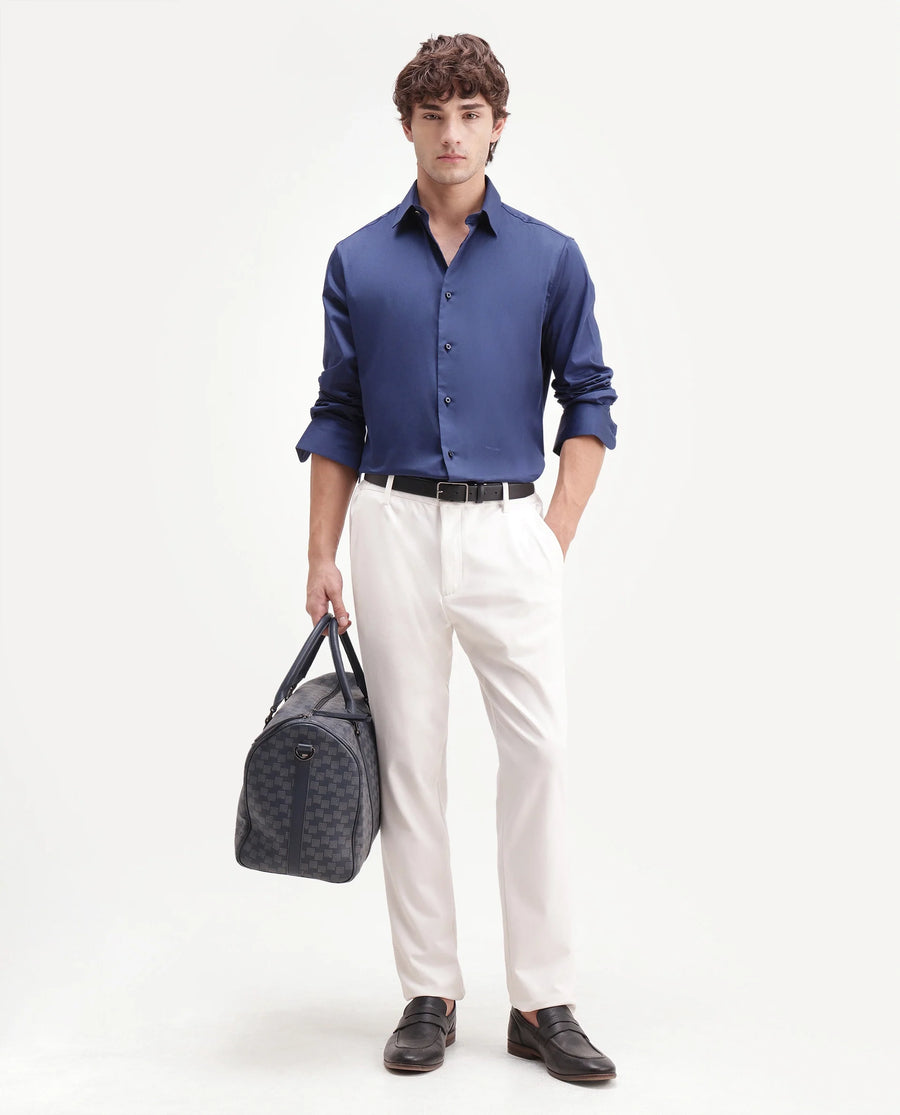 Rare Rabbit Men's Holla-Aw26 Navy Cotton Blend Spread Collar Regular Plain Shirt