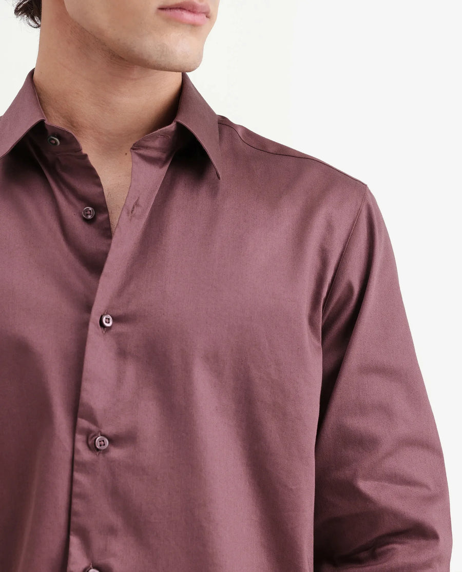Rare Rabbit Men's Holla-Aw26 Dusky Red Cotton Blend Spread Collar Regular Plain Shirt