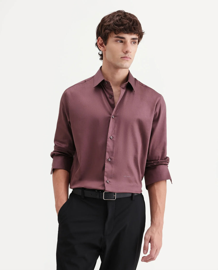 Rare Rabbit Men's Holla-Aw26 Dusky Red Cotton Blend Spread Collar Regular Plain Shirt