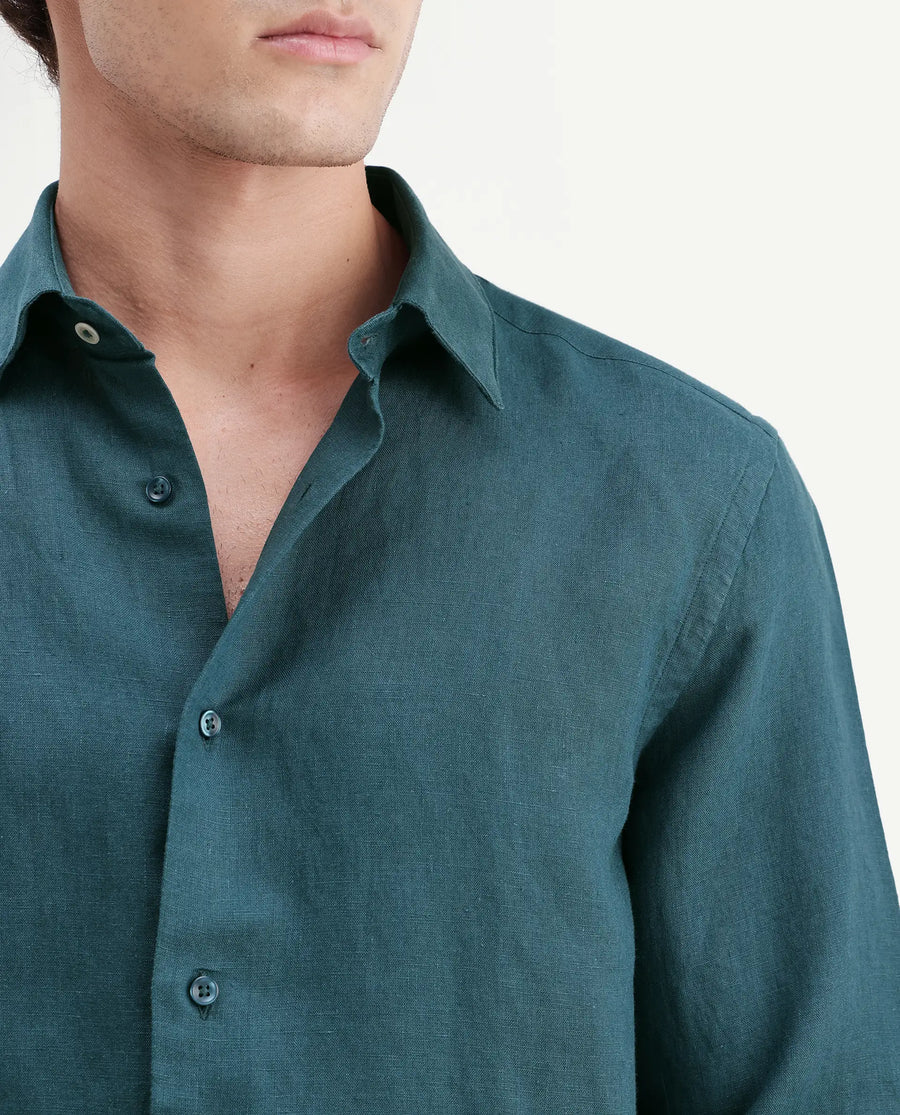 Rare Rabbit Men's Linex-Ls-Aw26 Teal Linen Blend Spread Collar Regular Fit Plain Shirt