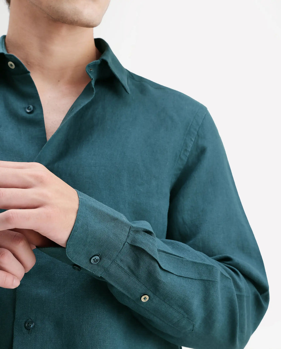 Rare Rabbit Men's Linex-Ls-Aw26 Teal Linen Blend Spread Collar Regular Fit Plain Shirt
