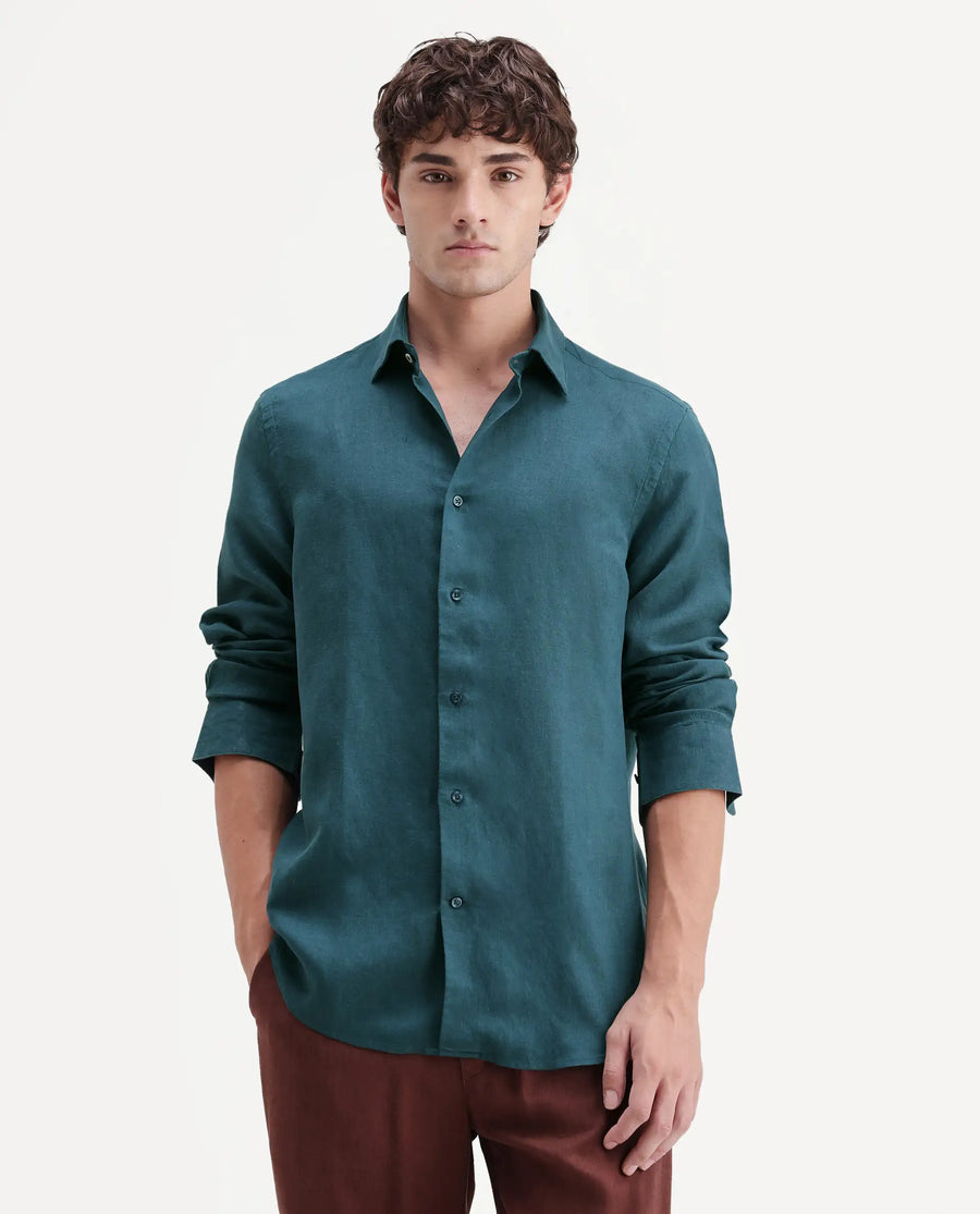 Rare Rabbit Men's Linex-Ls-Aw26 Teal Linen Blend Spread Collar Regular Fit Plain Shirt