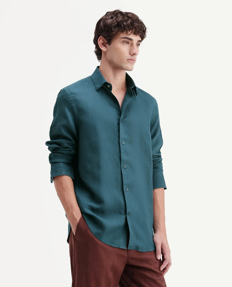 Rare Rabbit Men's Linex-Ls-Aw26 Teal Linen Blend Spread Collar Regular Fit Plain Shirt