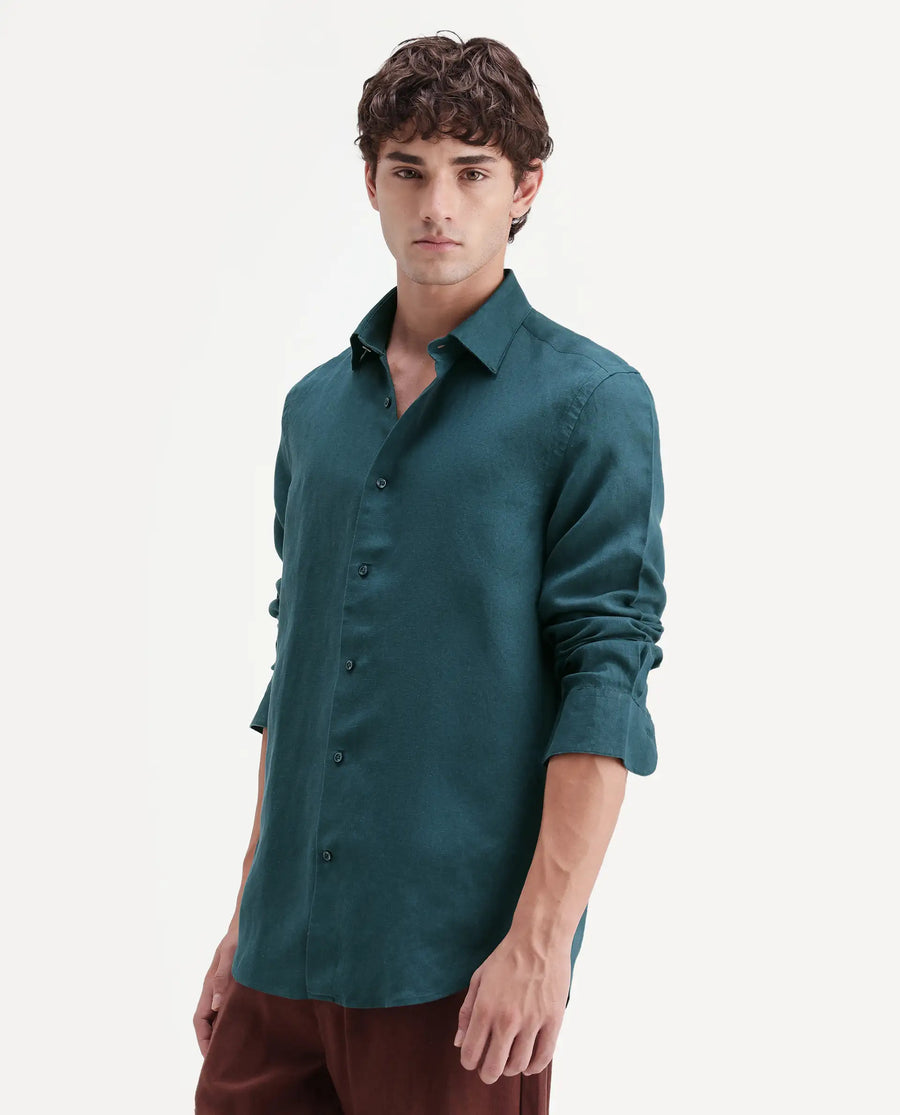 Rare Rabbit Men's Linex-Ls-Aw26 Teal Linen Blend Spread Collar Regular Fit Plain Shirt