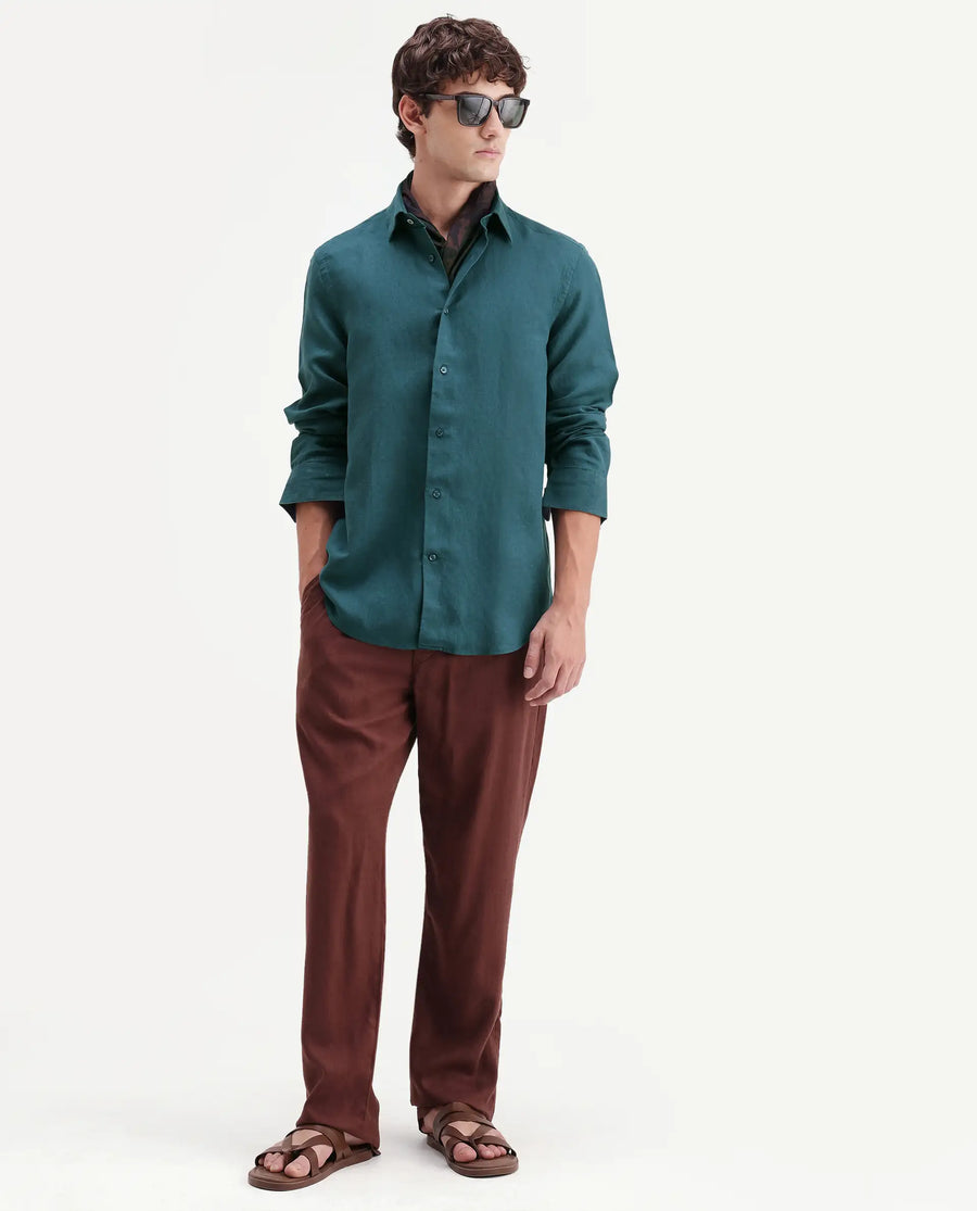 Rare Rabbit Men's Linex-Ls-Aw26 Teal Linen Blend Spread Collar Regular Fit Plain Shirt