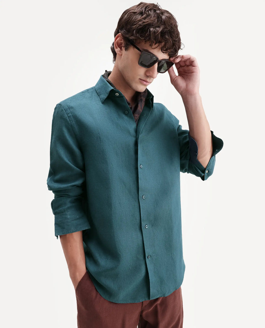 Rare Rabbit Men's Linex-Ls-Aw26 Teal Linen Blend Spread Collar Regular Fit Plain Shirt