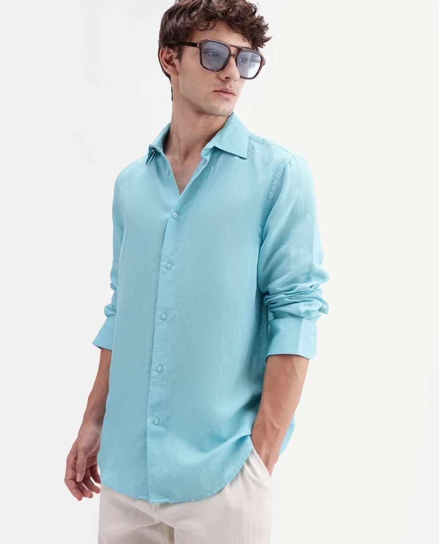 Rare Rabbit Men's Linex-Ls-Aw26 Pastel Blue Linen Blend Spread Collar Regular Fit Plain Shirt
