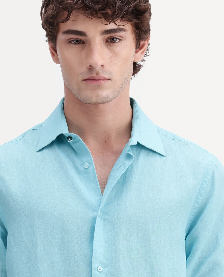 Rare Rabbit Men's Linex-Ls-Aw26 Pastel Blue Linen Blend Spread Collar Regular Fit Plain Shirt