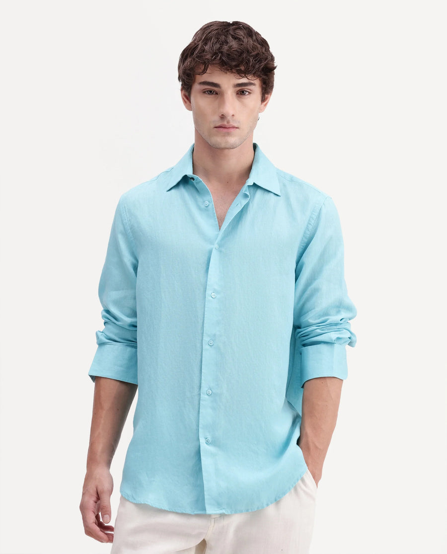 Rare Rabbit Men's Linex-Ls-Aw26 Pastel Blue Linen Blend Spread Collar Regular Fit Plain Shirt