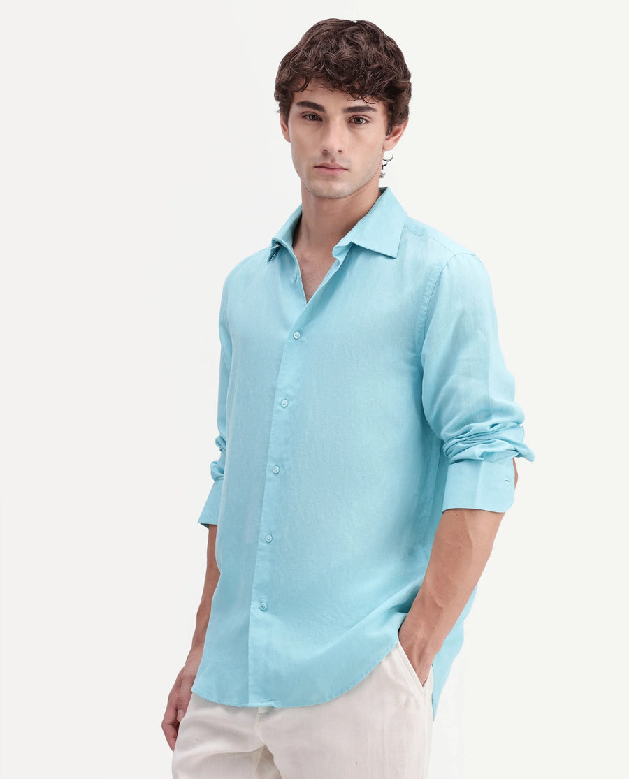 Rare Rabbit Men's Linex-Ls-Aw26 Pastel Blue Linen Blend Spread Collar Regular Fit Plain Shirt