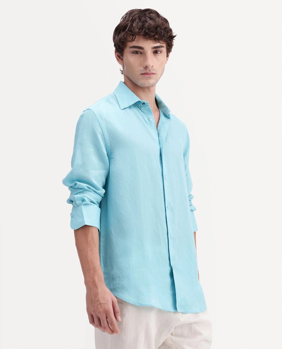 Rare Rabbit Men's Linex-Ls-Aw26 Pastel Blue Linen Blend Spread Collar Regular Fit Plain Shirt