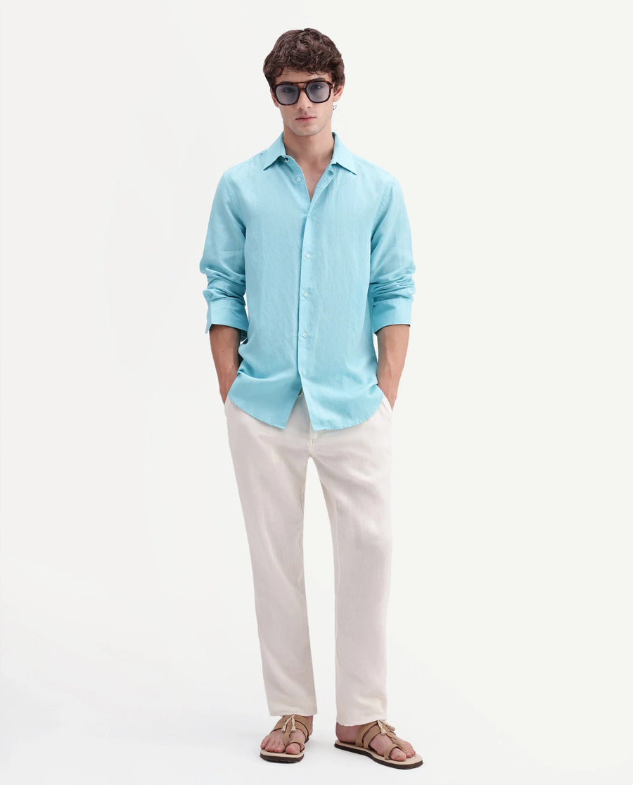 Rare Rabbit Men's Linex-Ls-Aw26 Pastel Blue Linen Blend Spread Collar Regular Fit Plain Shirt