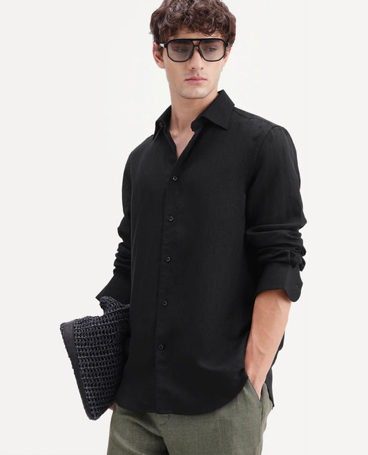 Rare Rabbit Men's Linex-Ls-Aw26 Black Linen Blend Spread Collar Regular Fit Plain Shirt
