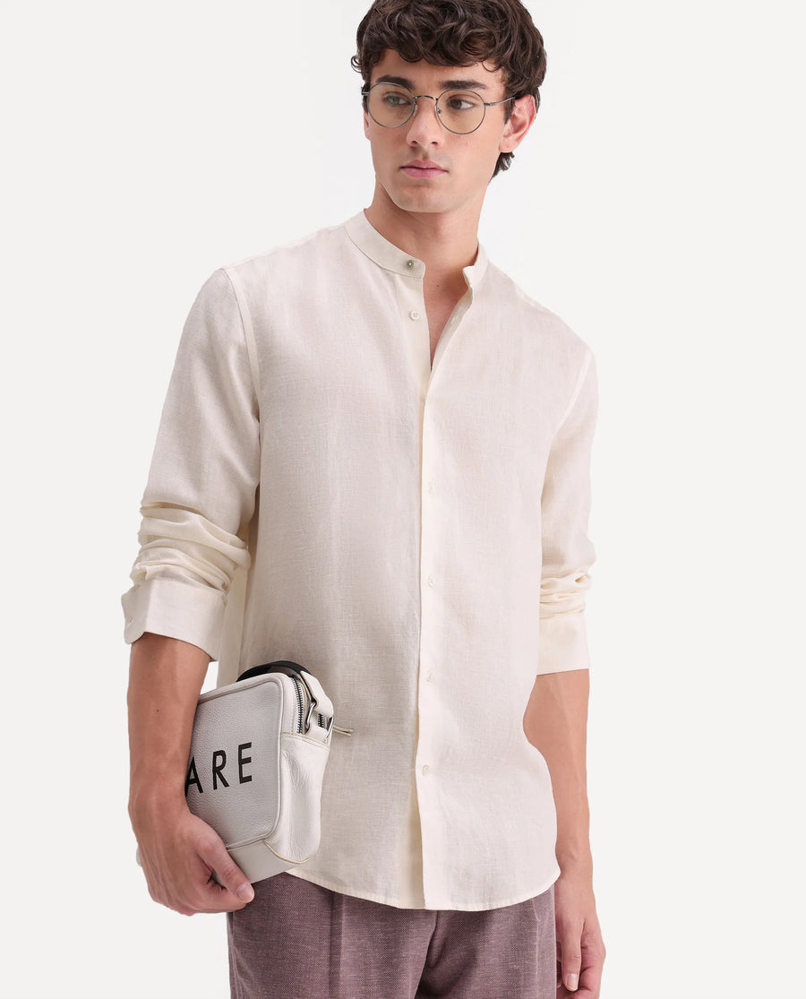Rare Rabbit Men's Cinex-Aw26 Off White Linen Mandarin Collar Regular Fit Plain Shirt