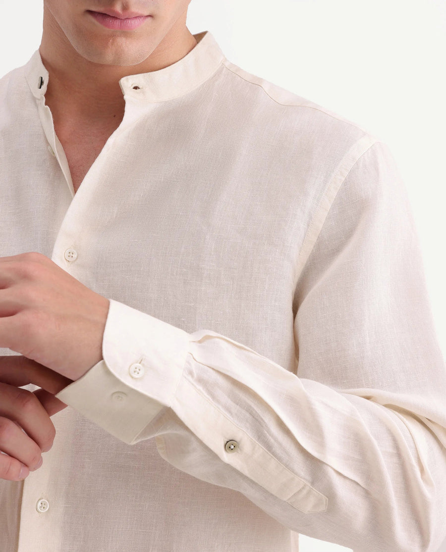 Rare Rabbit Men's Cinex-Aw26 Off White Linen Mandarin Collar Regular Fit Plain Shirt