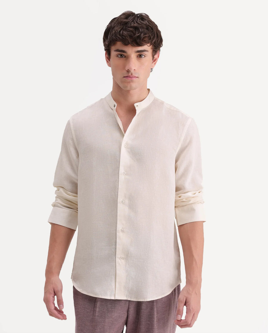 Rare Rabbit Men's Cinex-Aw26 Off White Linen Mandarin Collar Regular Fit Plain Shirt