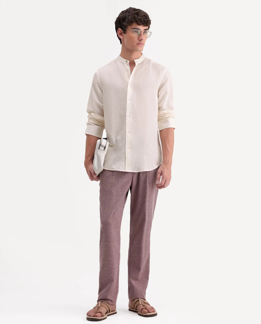 Rare Rabbit Men's Cinex-Aw26 Off White Linen Mandarin Collar Regular Fit Plain Shirt