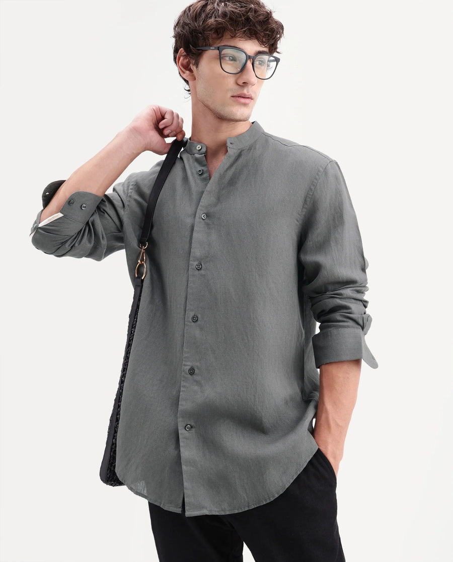 Rare Rabbit Men's Cinex-Aw26 Olive Linen Mandarin Collar Regular Fit Plain Shirt