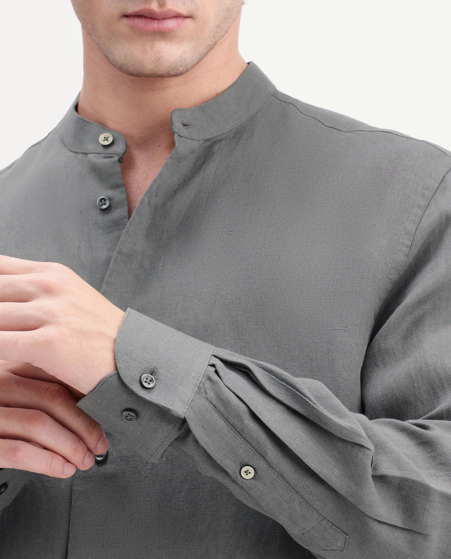 Rare Rabbit Men's Cinex-Aw26 Olive Linen Mandarin Collar Regular Fit Plain Shirt