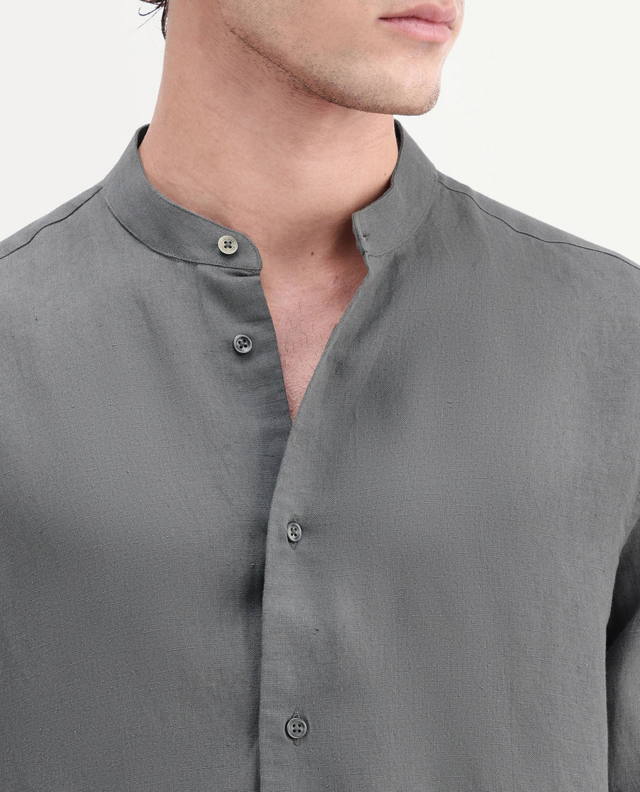 Rare Rabbit Men's Cinex-Aw26 Olive Linen Mandarin Collar Regular Fit Plain Shirt