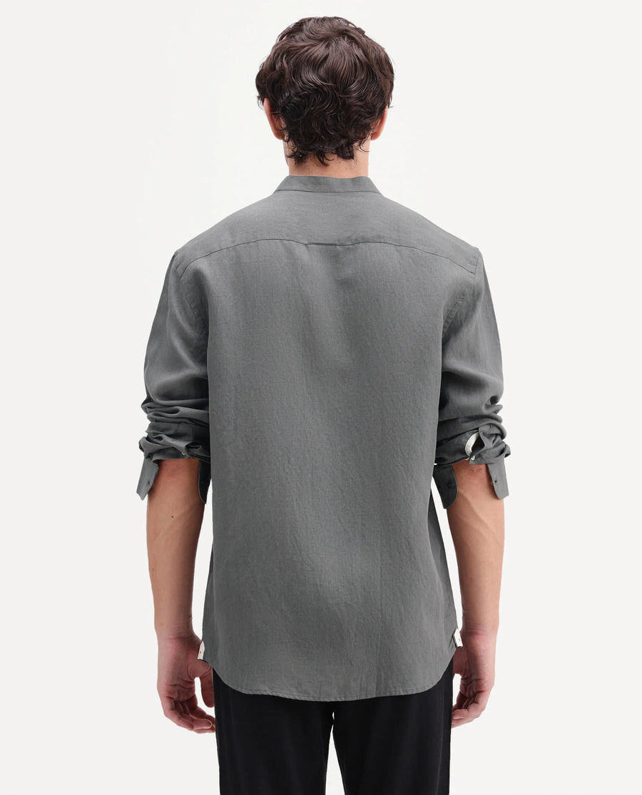 Rare Rabbit Men's Cinex-Aw26 Olive Linen Mandarin Collar Regular Fit Plain Shirt