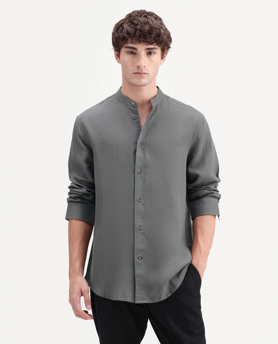 Rare Rabbit Men's Cinex-Aw26 Olive Linen Mandarin Collar Regular Fit Plain Shirt