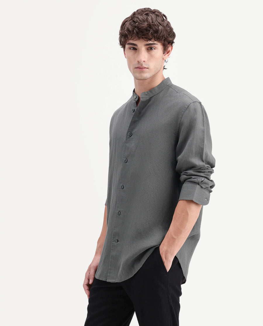 Rare Rabbit Men's Cinex-Aw26 Olive Linen Mandarin Collar Regular Fit Plain Shirt