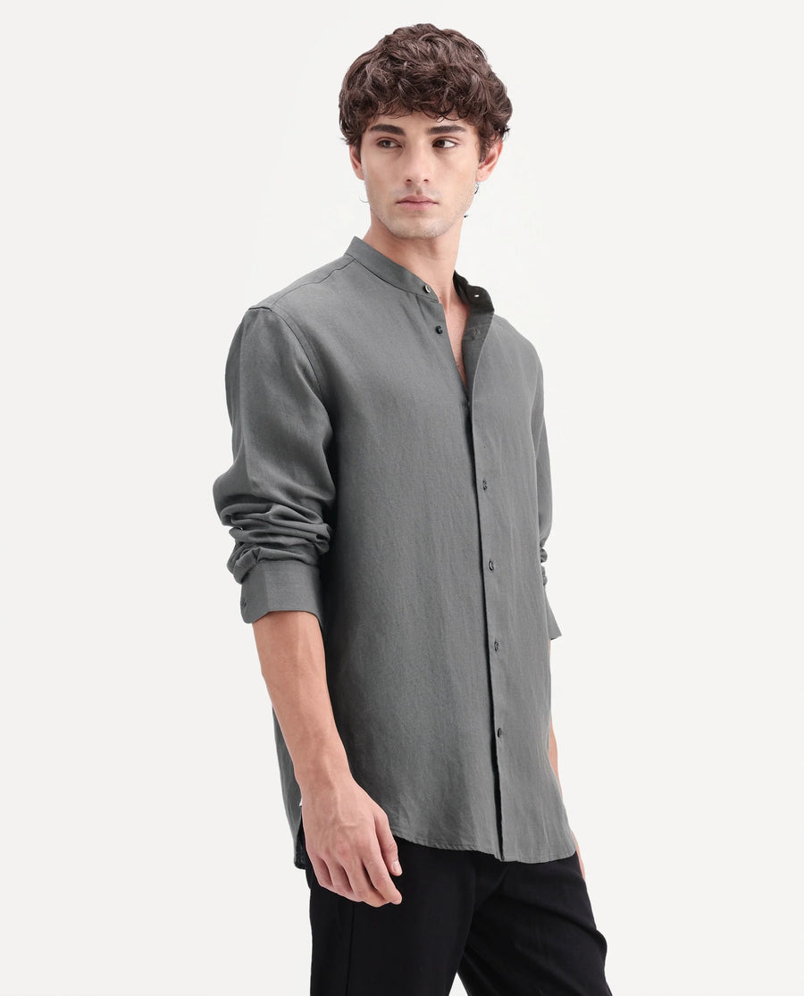 Rare Rabbit Men's Cinex-Aw26 Olive Linen Mandarin Collar Regular Fit Plain Shirt