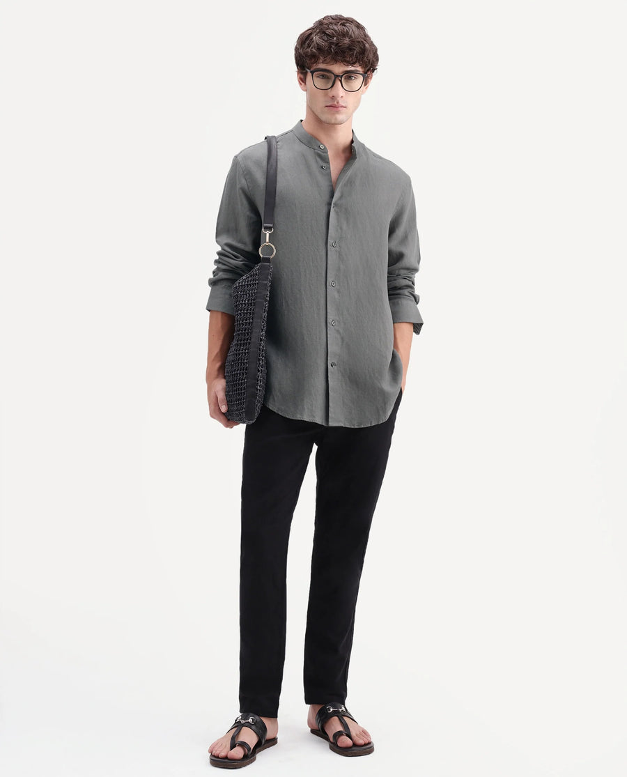 Rare Rabbit Men's Cinex-Aw26 Olive Linen Mandarin Collar Regular Fit Plain Shirt