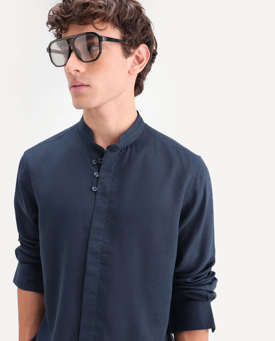 Rare Rabbit Men's Throne-Aw26 Dark Navy Linen Blend Mandarin Collar Regular Plain Shirt