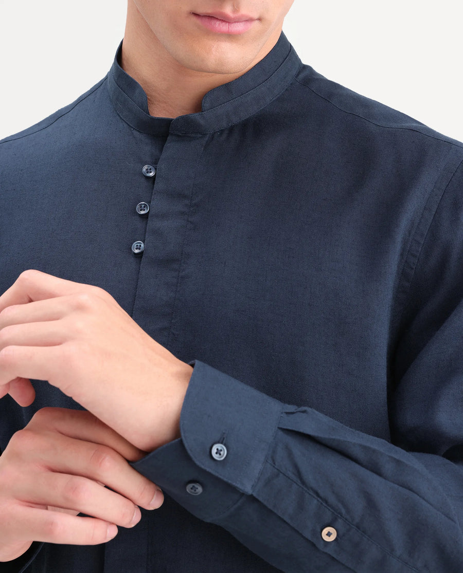 Rare Rabbit Men's Throne-Aw26 Dark Navy Linen Blend Mandarin Collar Regular Plain Shirt
