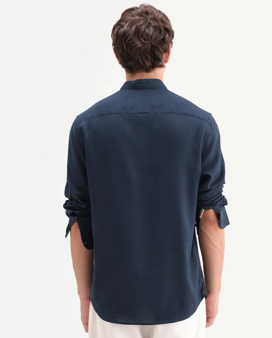 Rare Rabbit Men's Throne-Aw26 Dark Navy Linen Blend Mandarin Collar Regular Plain Shirt