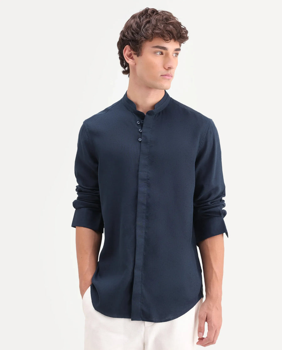 Rare Rabbit Men's Throne-Aw26 Dark Navy Linen Blend Mandarin Collar Regular Plain Shirt