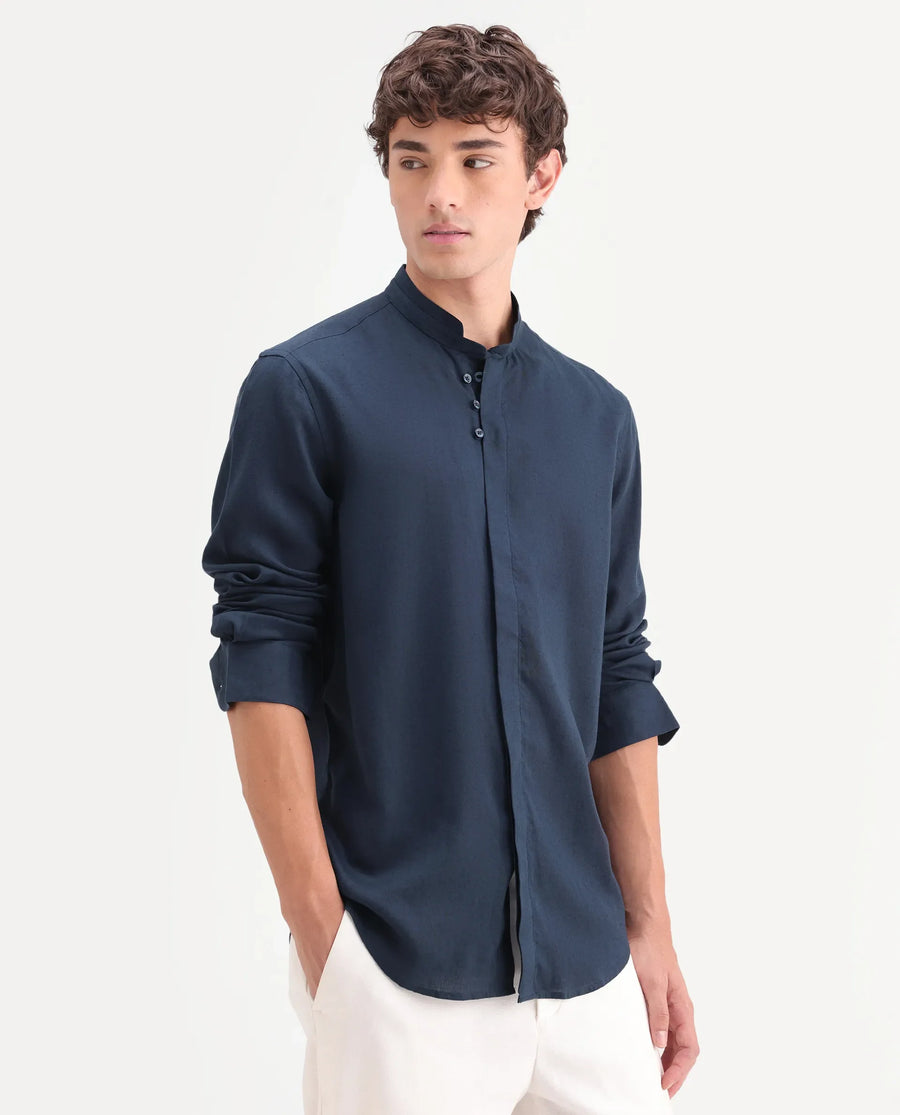 Rare Rabbit Men's Throne-Aw26 Dark Navy Linen Blend Mandarin Collar Regular Plain Shirt