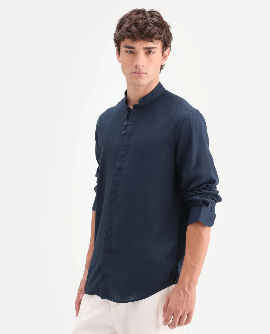 Rare Rabbit Men's Throne-Aw26 Dark Navy Linen Blend Mandarin Collar Regular Plain Shirt