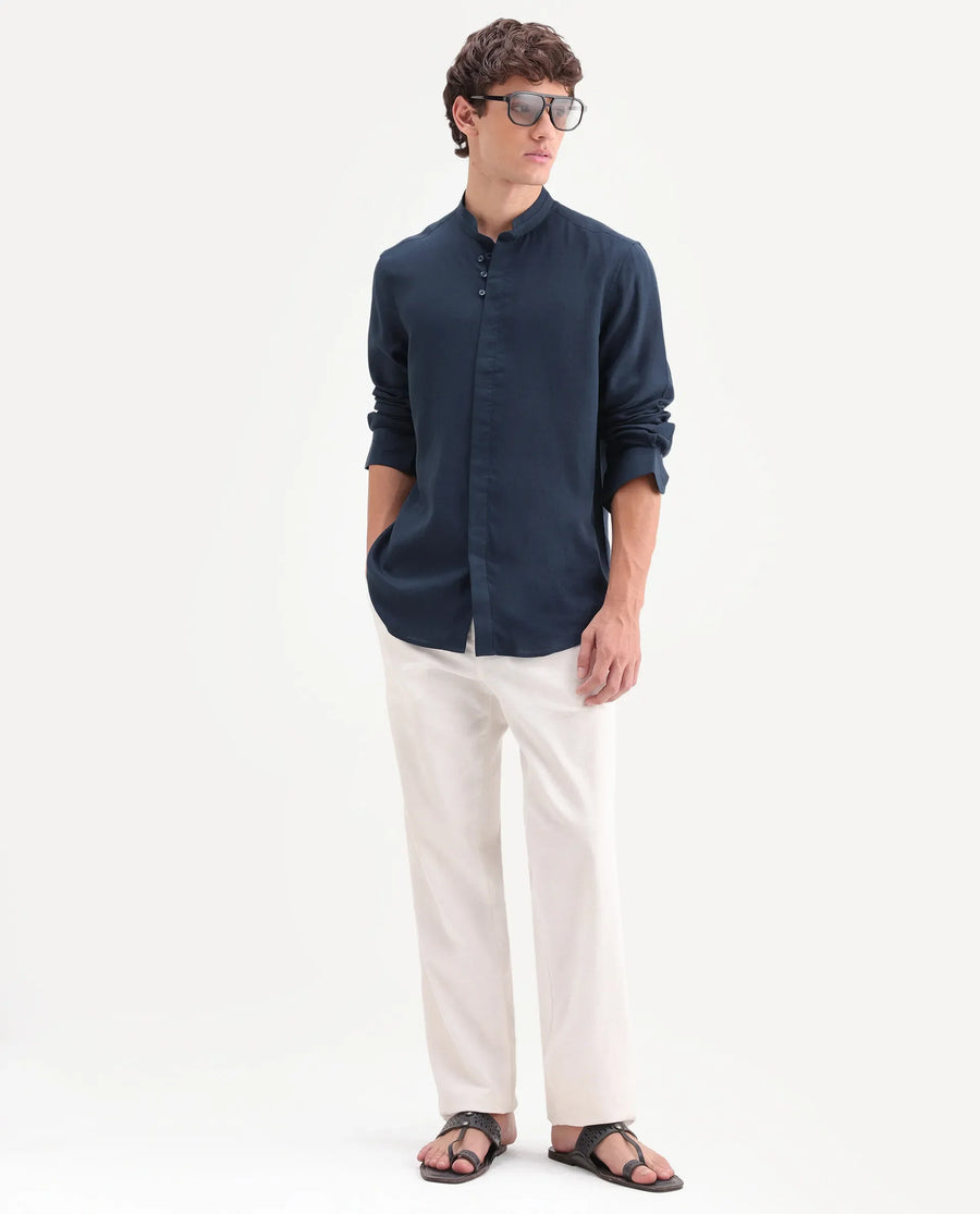 Rare Rabbit Men's Throne-Aw26 Dark Navy Linen Blend Mandarin Collar Regular Plain Shirt
