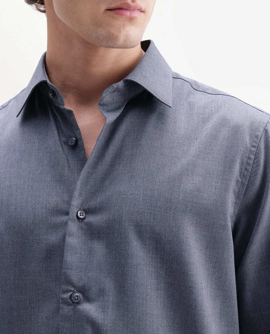 Rare Rabbit Men's Gunjo-Aw26 Dusky Blue Polyester Blend Spread Collar Regular Plain Shirt