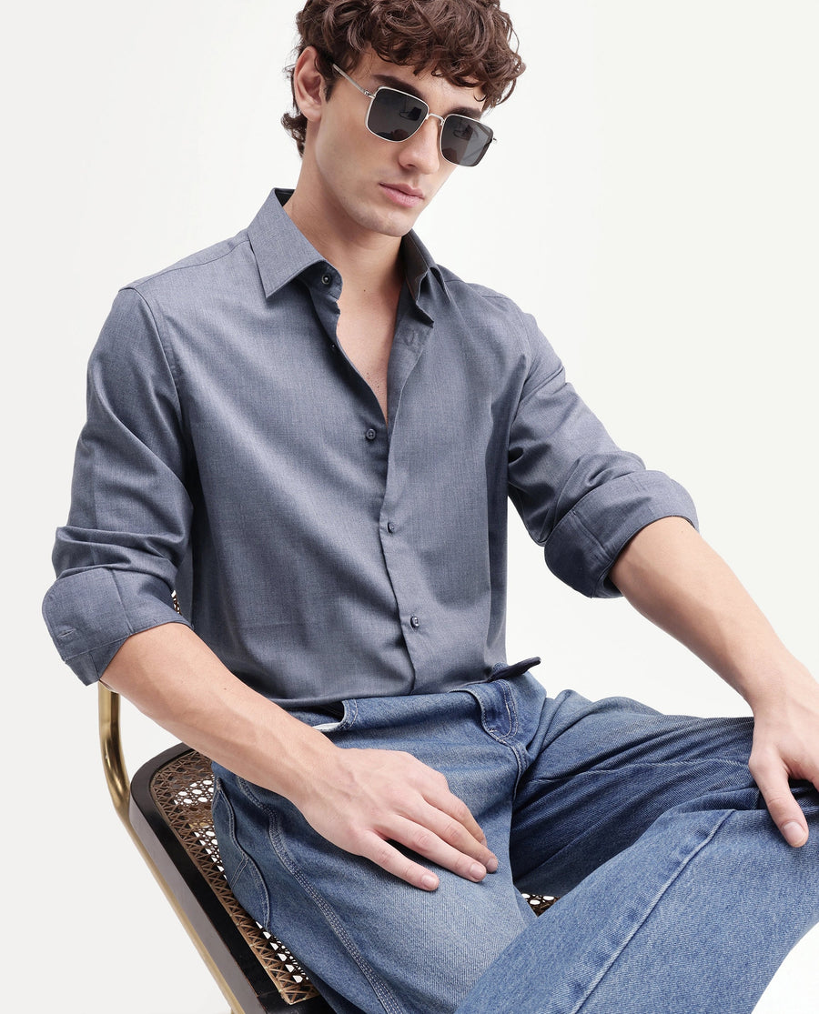 Rare Rabbit Men's Gunjo-Aw26 Dusky Blue Polyester Blend Spread Collar Regular Plain Shirt