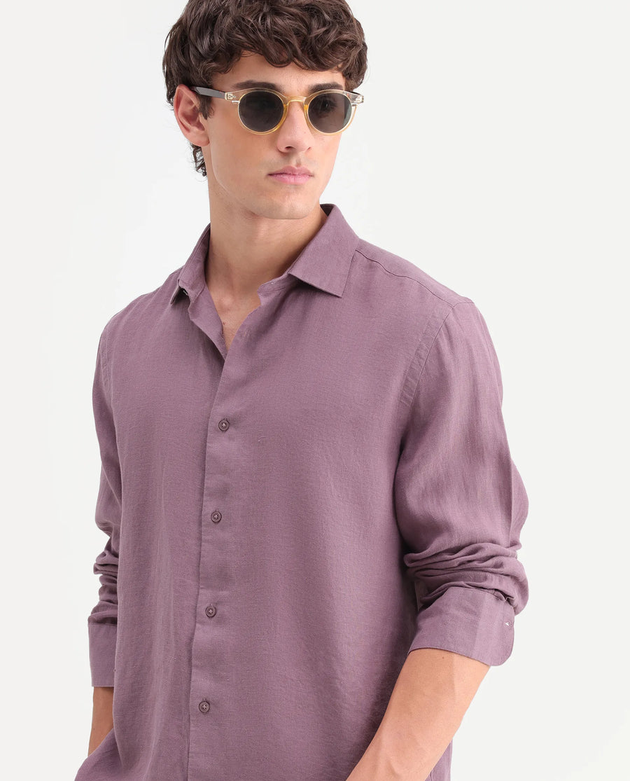Rare Rabbit Men's Mavi-Aw26 Dusky Pink 100% Linen Spread Collar Regular Plain Shirt