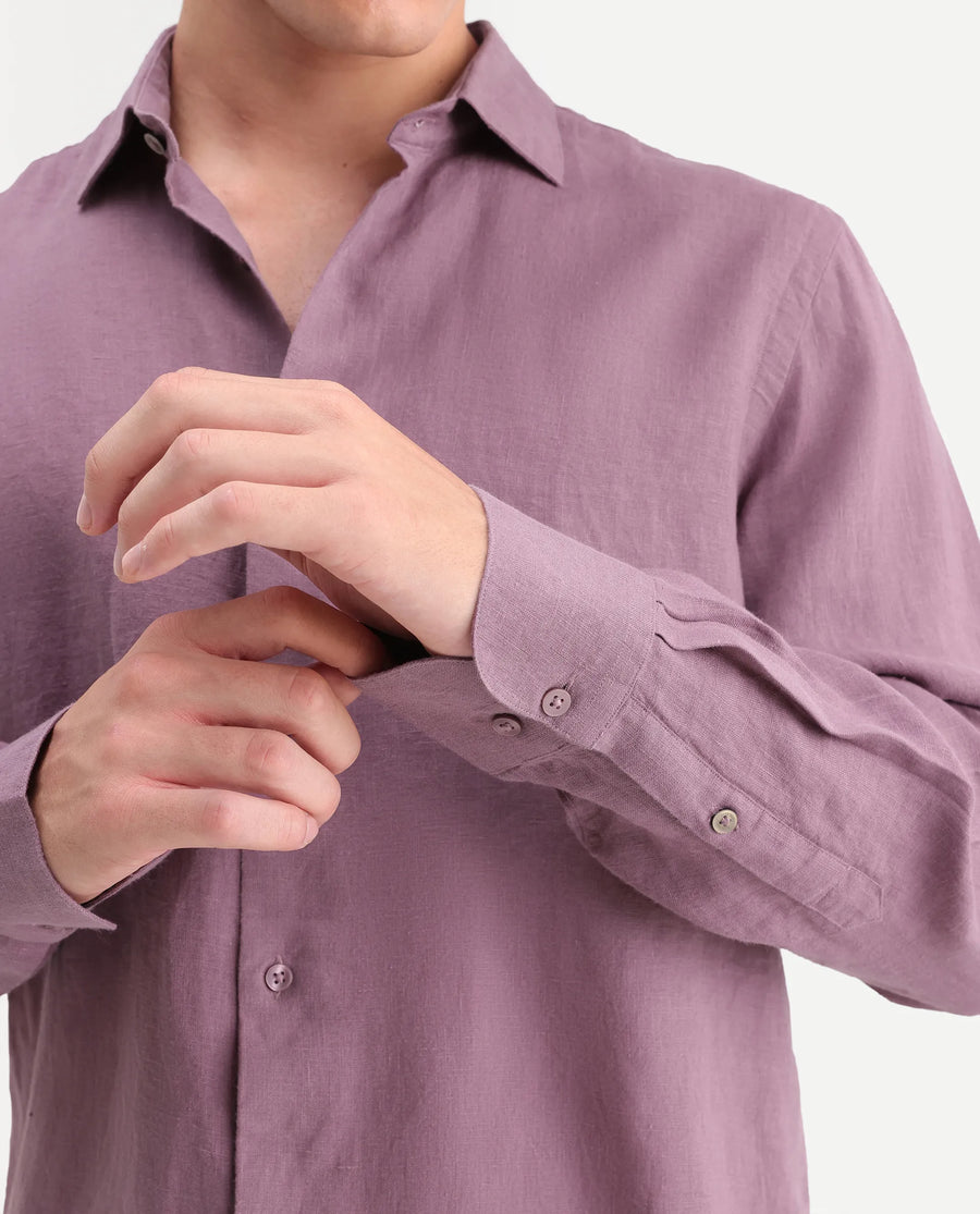 Rare Rabbit Men's Mavi-Aw26 Dusky Pink 100% Linen Spread Collar Regular Plain Shirt