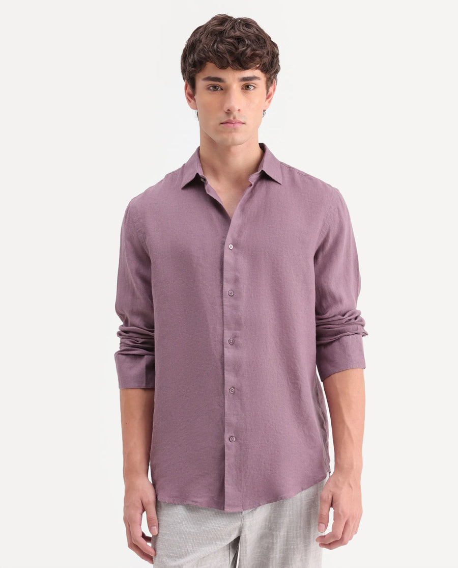 Rare Rabbit Men's Mavi-Aw26 Dusky Pink 100% Linen Spread Collar Regular Plain Shirt
