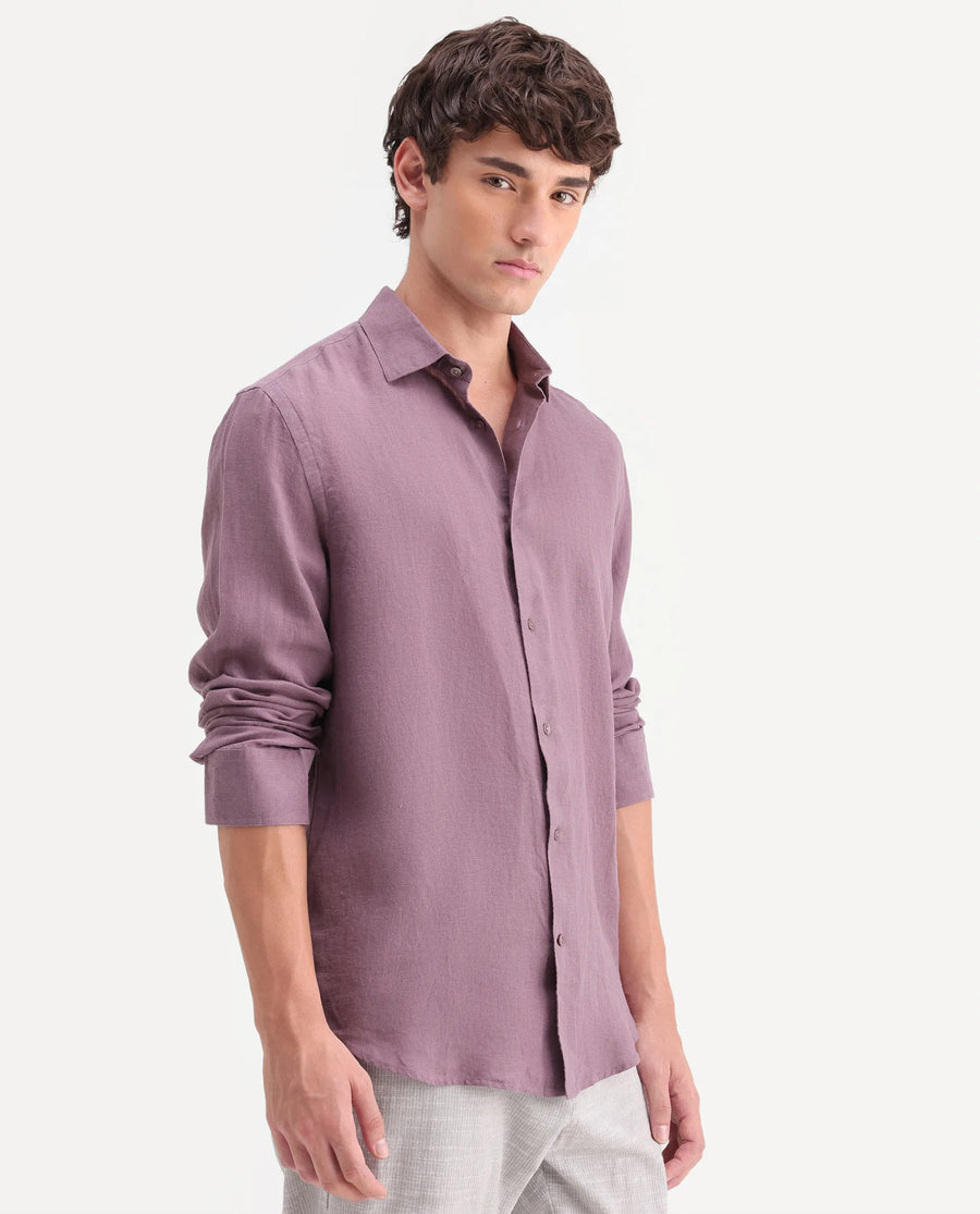 Rare Rabbit Men's Mavi-Aw26 Dusky Pink 100% Linen Spread Collar Regular Plain Shirt