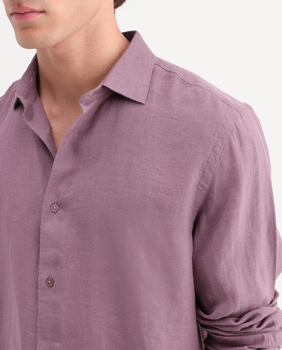 Rare Rabbit Men's Mavi-Aw26 Dusky Pink 100% Linen Spread Collar Regular Plain Shirt