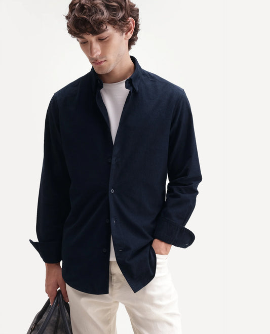 Rare Rabbit Men's Buita-Aw26 Navy Cotton Spread Collar Regular Fit Plain Shirt