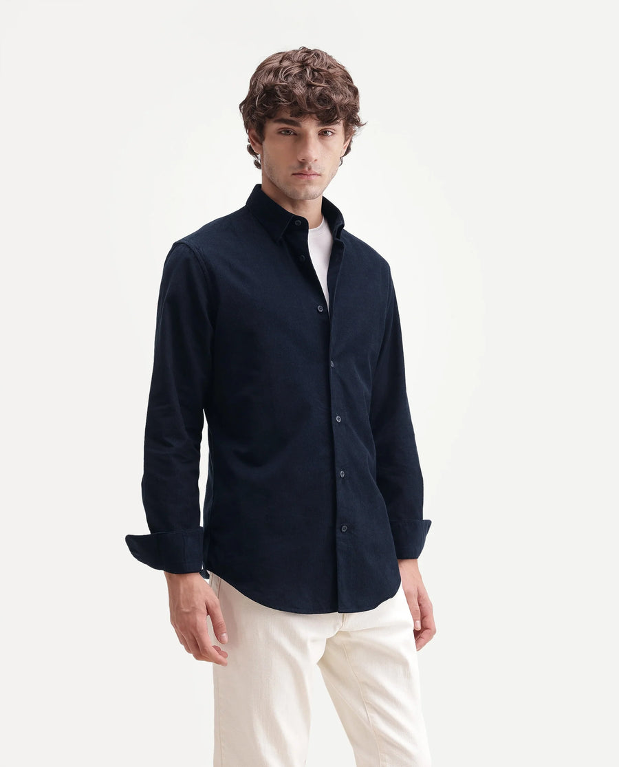Rare Rabbit Men's Buita-Aw26 Navy Cotton Spread Collar Regular Fit Plain Shirt