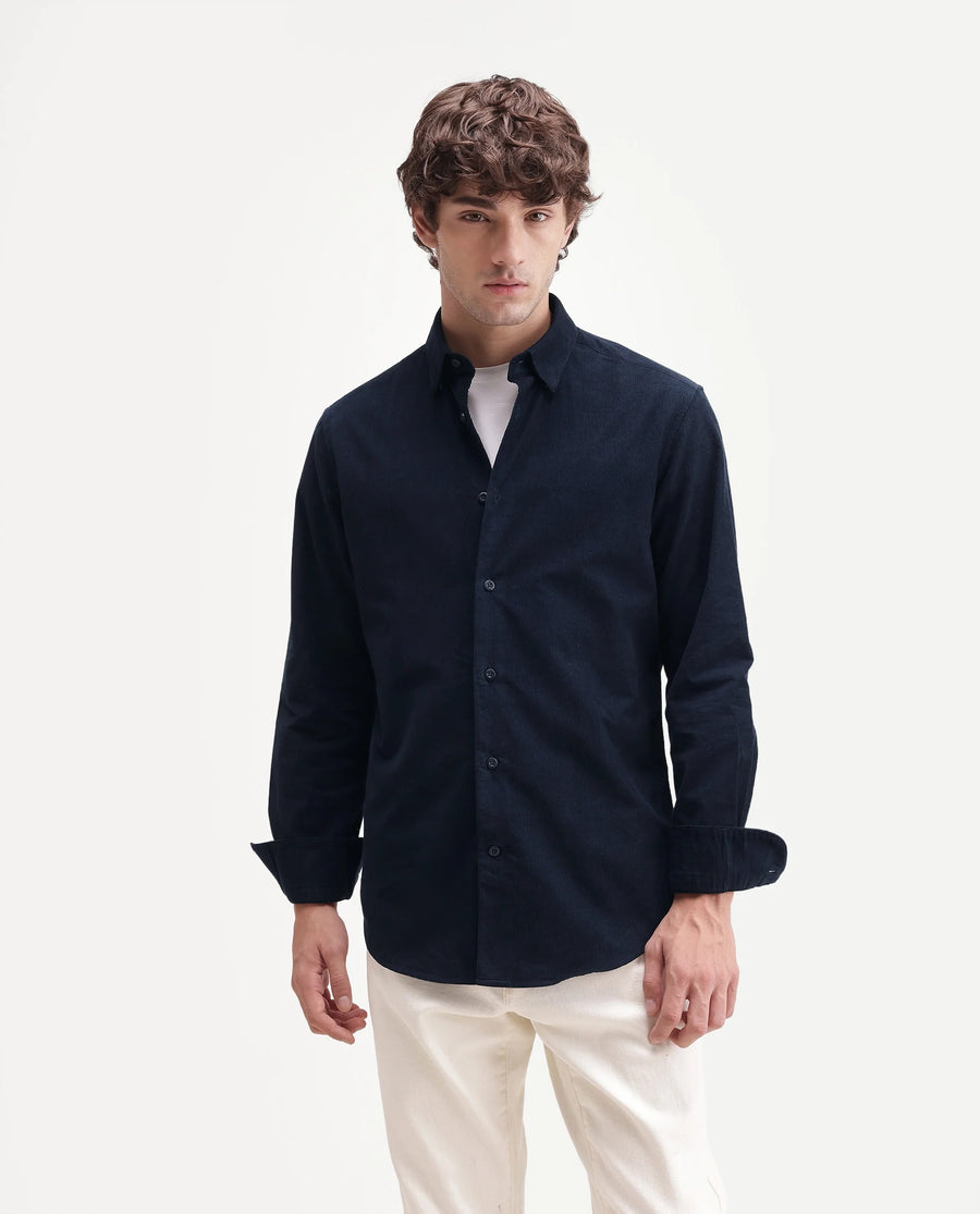 Rare Rabbit Men's Buita-Aw26 Navy Cotton Spread Collar Regular Fit Plain Shirt