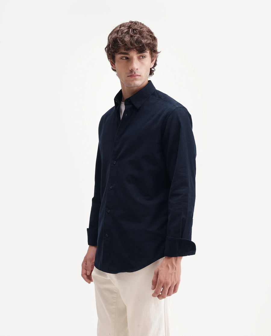 Rare Rabbit Men's Buita-Aw26 Navy Cotton Spread Collar Regular Fit Plain Shirt