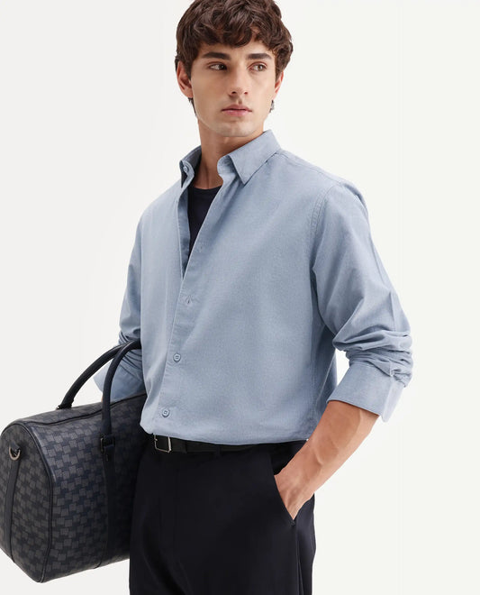 Rare Rabbit Men's Buita-Aw26 Dusky Blue Cotton Spread Collar Regular Fit Plain Shirt