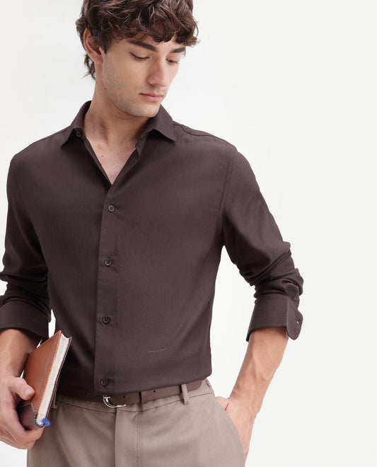 Rare Rabbit Men's Mer-Aw26 Dark Brown Viscose Blend Spread Collar Regular Plain Shirt